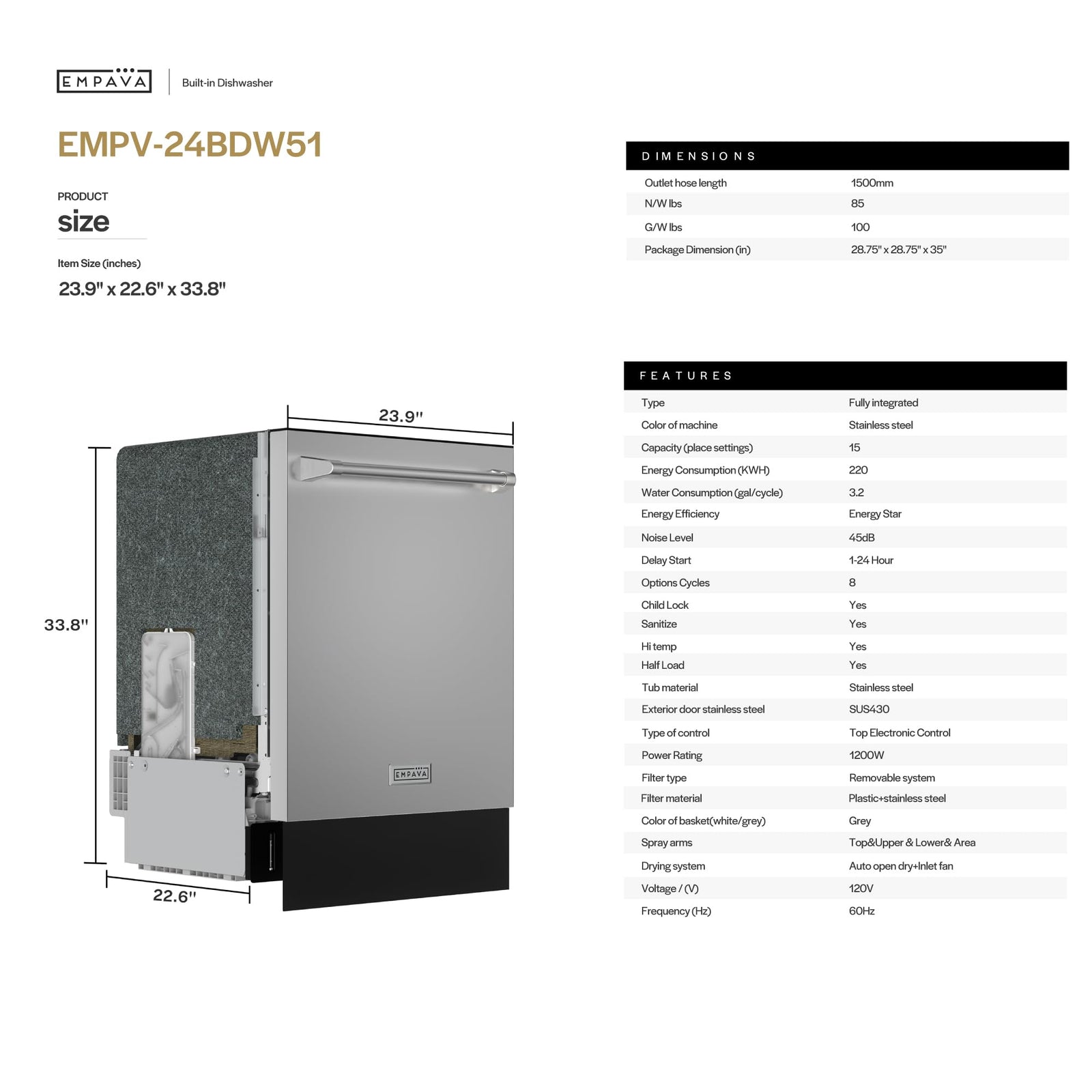 Empava 24in. Built-In Dishwasher with Stainless Steel & Smart