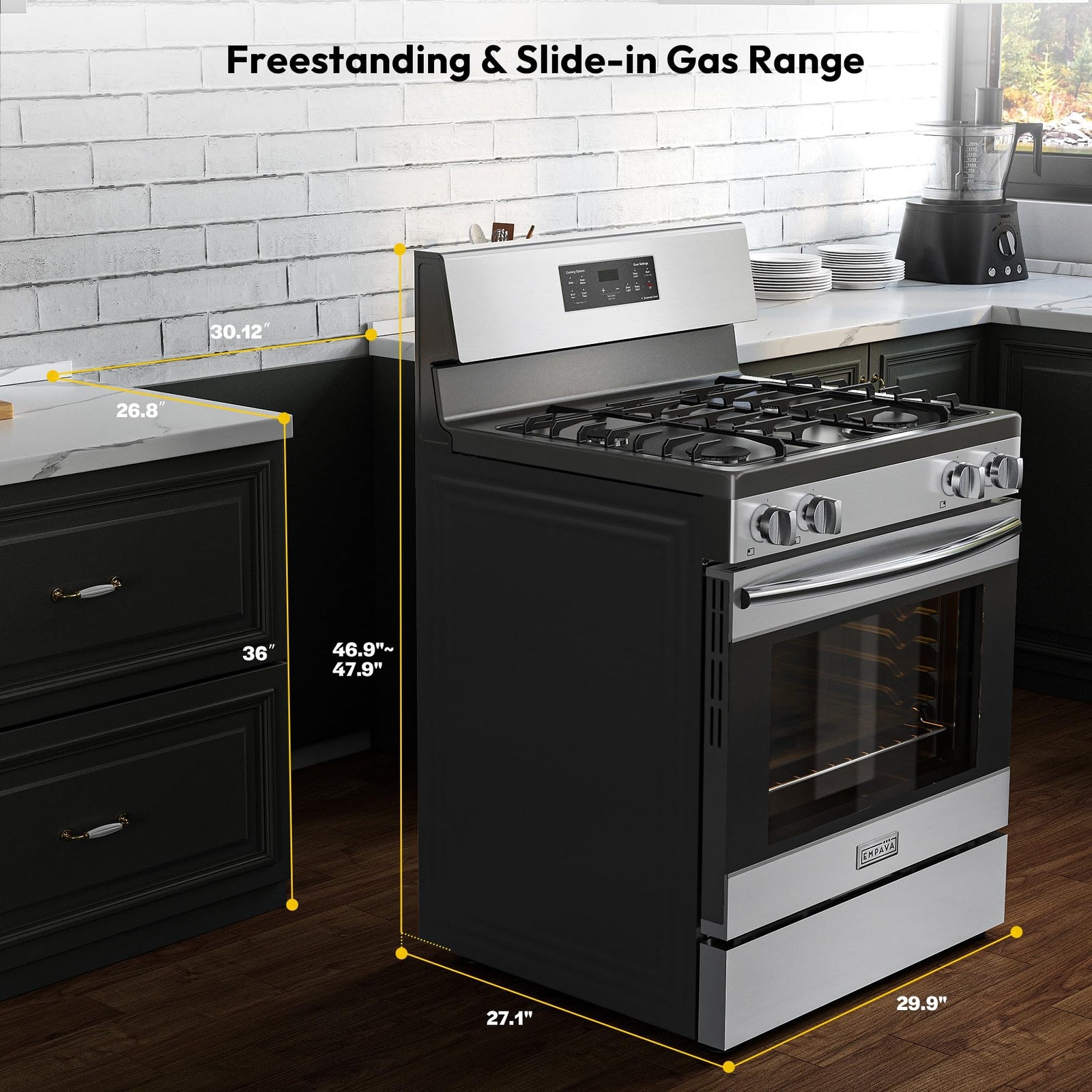 Empava 30in. 4.8 Cu.Ft Slide-In Gas Range with Stainless Steel