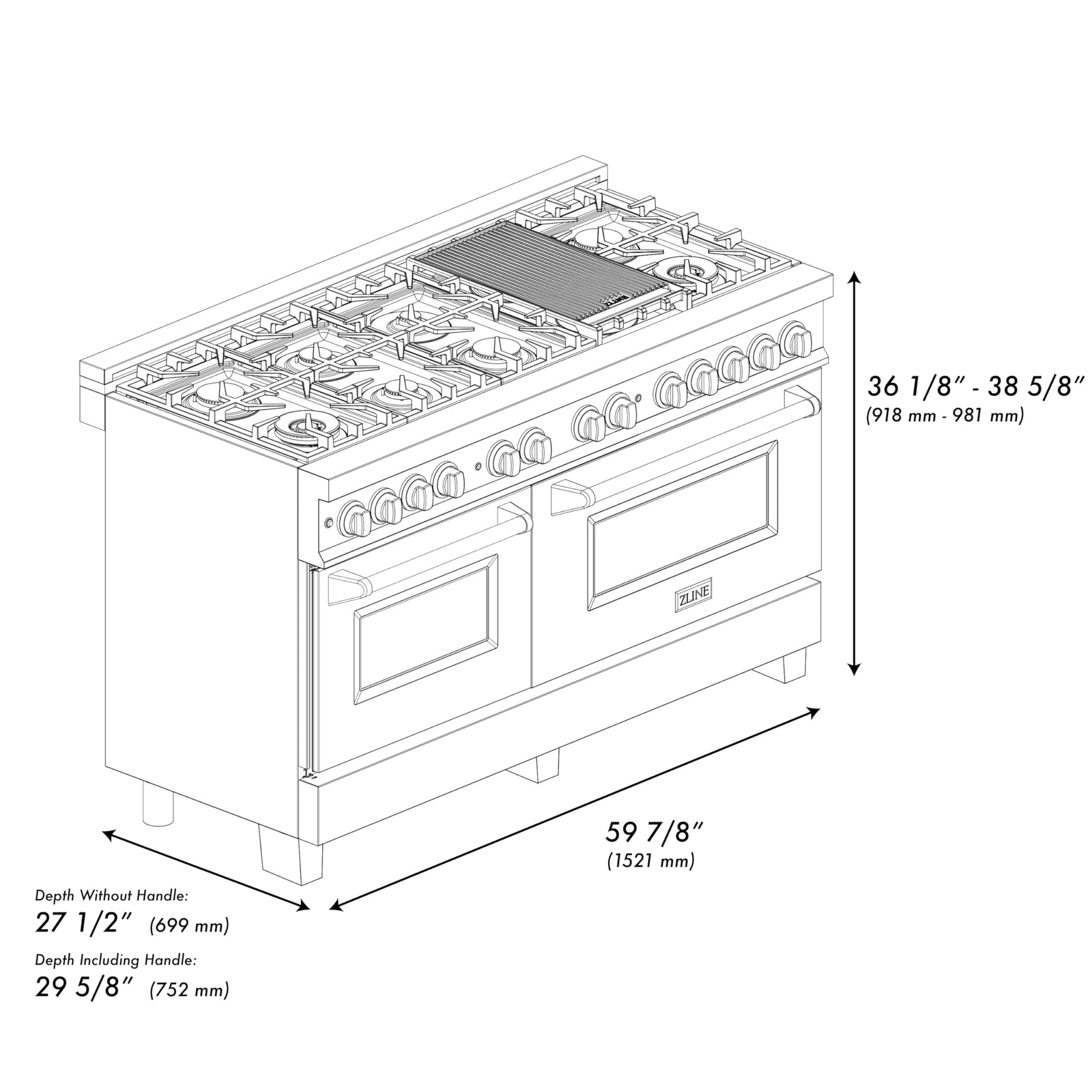 ZLINE 60 in. 7.4 cu. ft. Dual-Fuel Range with Stainless Steel